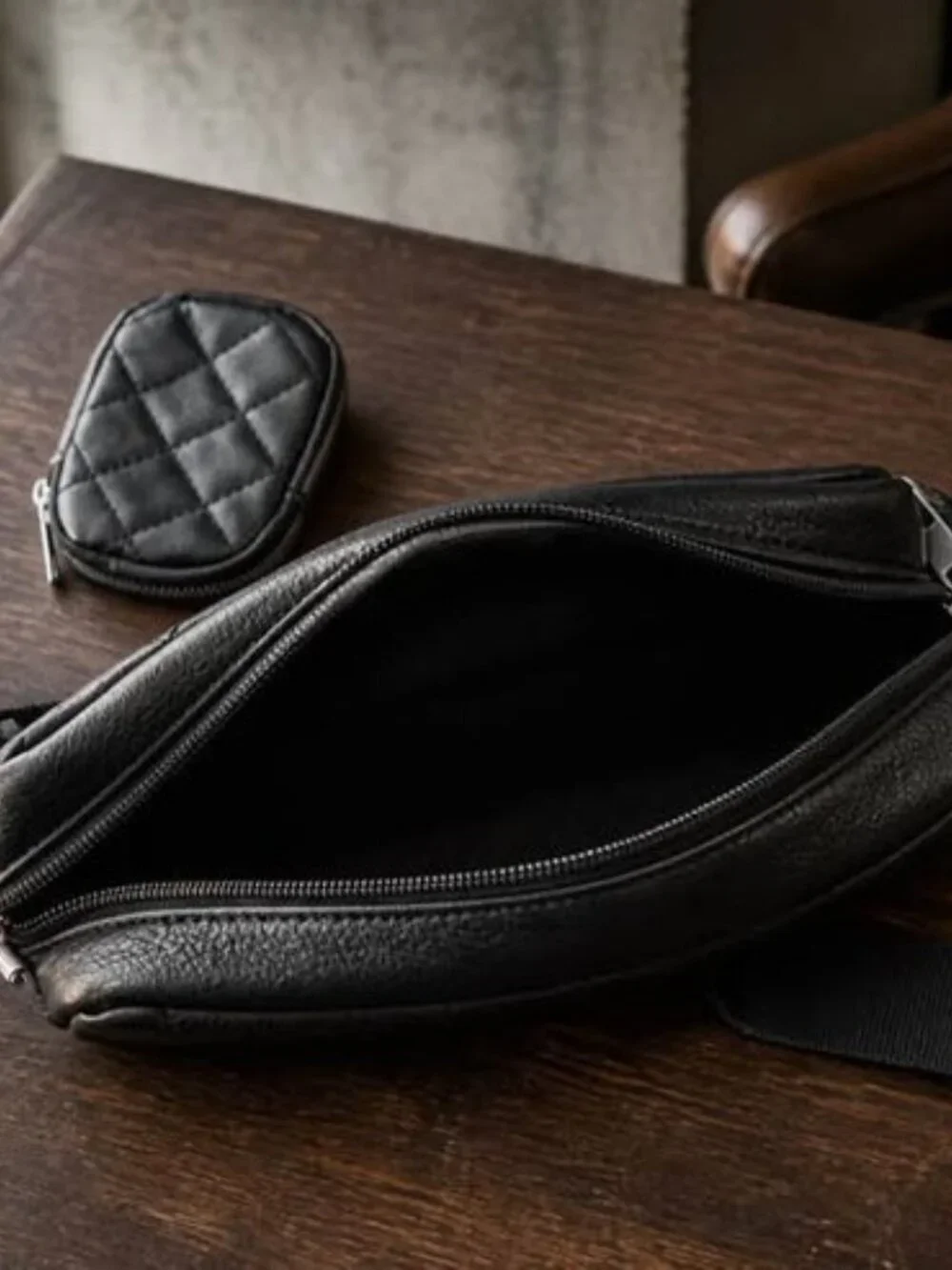 Black Quilted Crossbody Bag Wide Logo Strap Coin Pouch Purse Preowned
